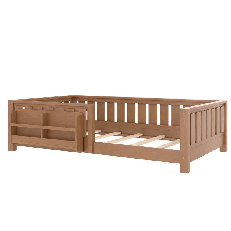 Montessori Floor Bed Low Profile Kids Bed with Rails & Bookshelf
