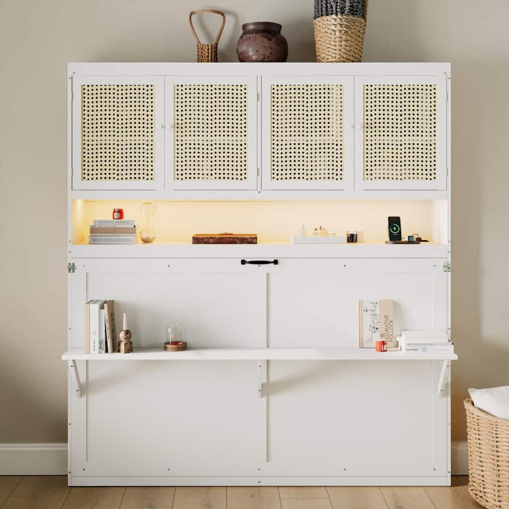 Twin Murphy Bed with Cabinet, USB Ports and LED Light, Foldable Wall Bed with Storage Shelves
