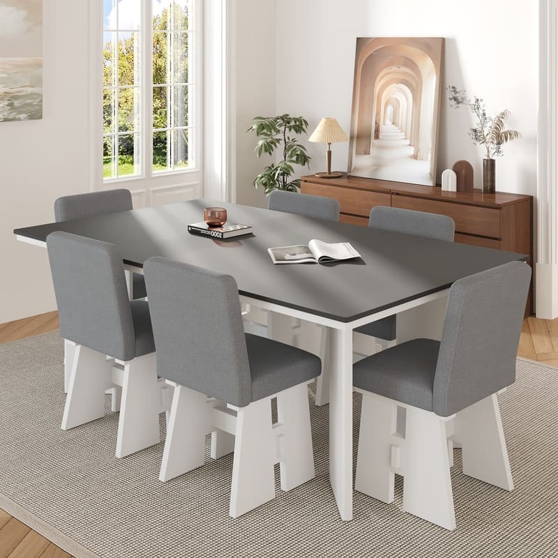 Contemporary Seven-Piece Dining Ensemble Including Six Padded Seating Chairs