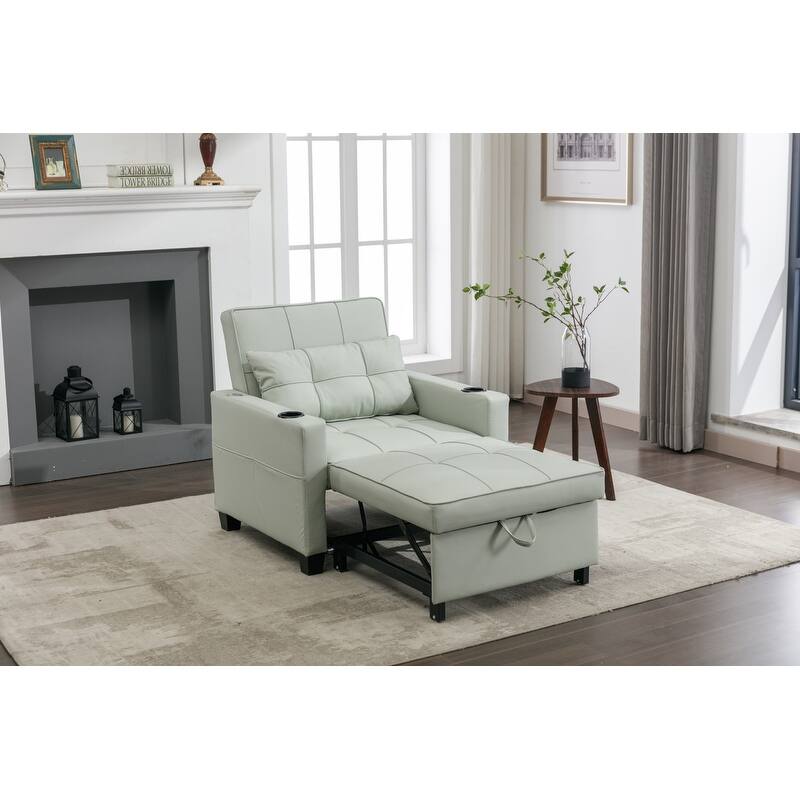 3-in-1 Convertible Sofa Chair,Pull Out Sleeper Chair with USB Ports and Cup Holders（Leather）