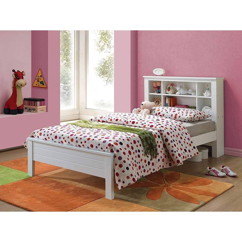 Wooden Twin Bed with Shelf Headboard in White