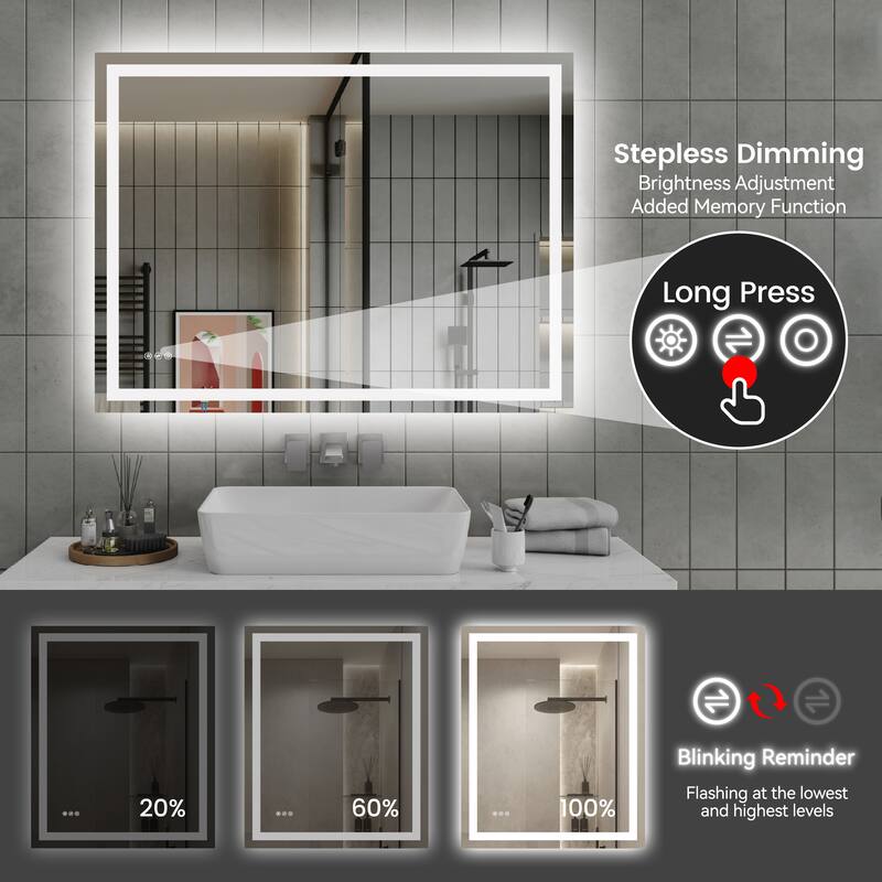 Clear LED Bathroom Mirror with Aluminum Frame, Anti-Fog and Dimming - 48” x 36”