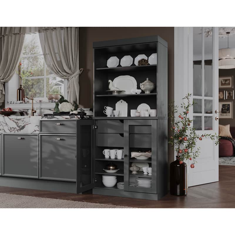 100% Solid Wood Kitchen Pantry Cabinet with 2 Clear Glass or Solid Wood Doors and 2-Drawer Organizer by Palace Imports - Gray - Clear Glass