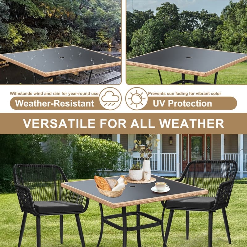 35" Square/Round Outdoor Dining Table - All-Weather Wicker Patio Table with Tempered Glass Top & Iron Frame for Balcony