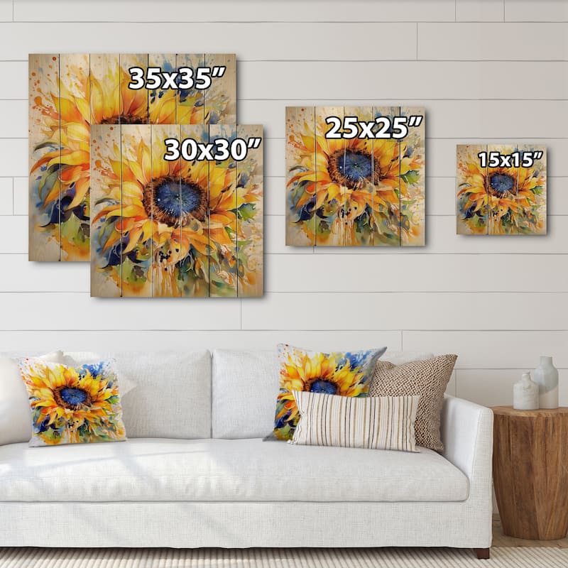 Designart "Yellow Blue Golden Cheerful Sunflowers" Floral Print on Natural Pine Wood