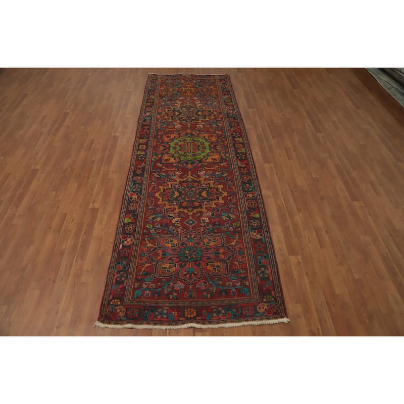 Hand Knotted Oriental 100% Wool Carpet Traditional Floral Red Heriz Runner Rug - 11' 1'' X 3' 10''