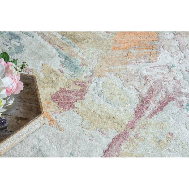 Exquisite Rugs Floor Art Hand-Knotted Bamboo Silk Silver/Blush Area Rug