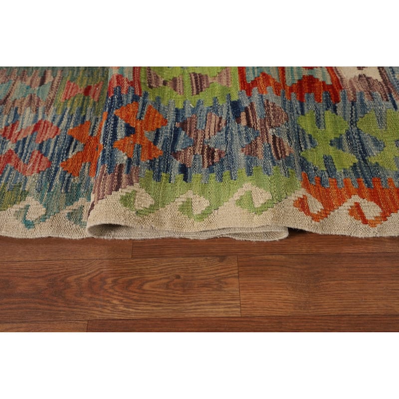 Geometric Colorful Kilim Oriental Area Rug Flatweave Wool Carpet - 9'9" x 13'0"