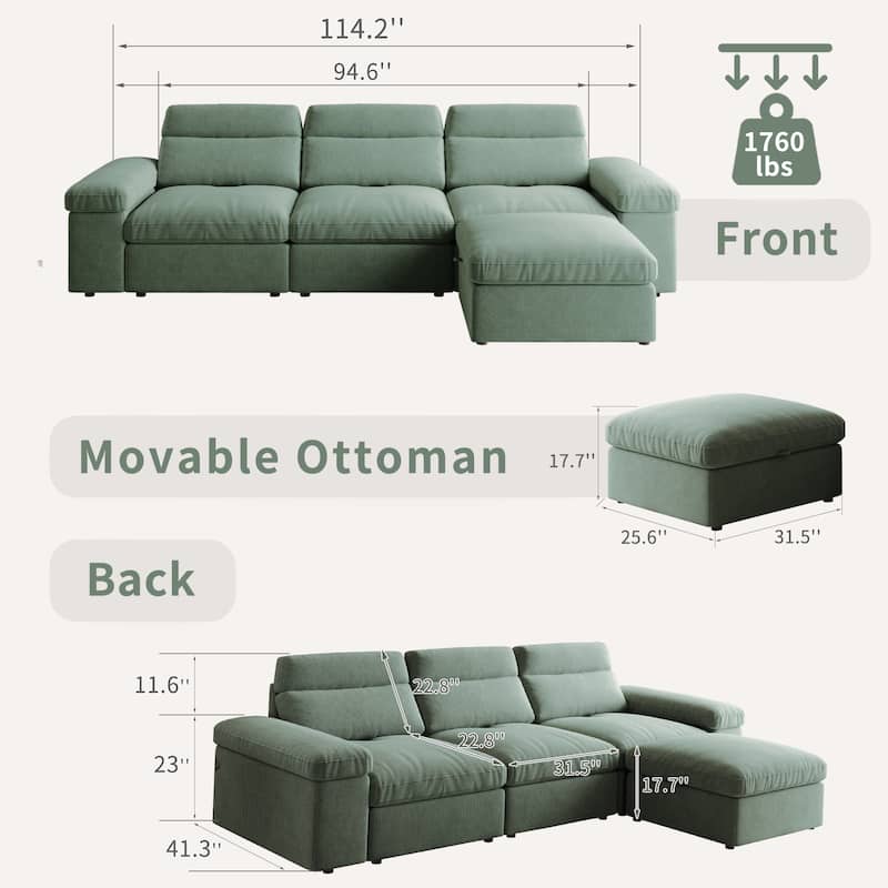 GDFStudio - Modern Adjustable 114" Modular Sofa with Cotton Linen Reclining Backrest and Storage