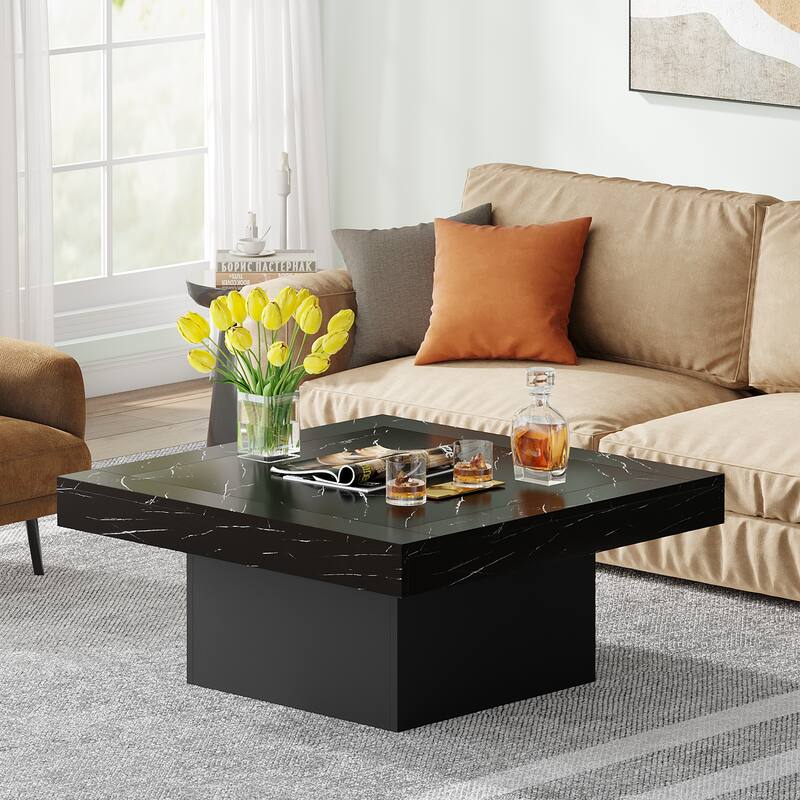 Engineered Wood Square Coffee Table LED Center Table for Living Room - Faux Marble Black+Black