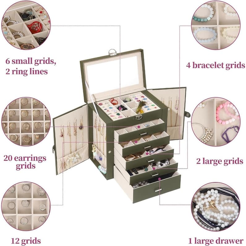 6 Layer Large Jewelry Organizer With Mirror - 6.6"D x 10.6"W x 11"H