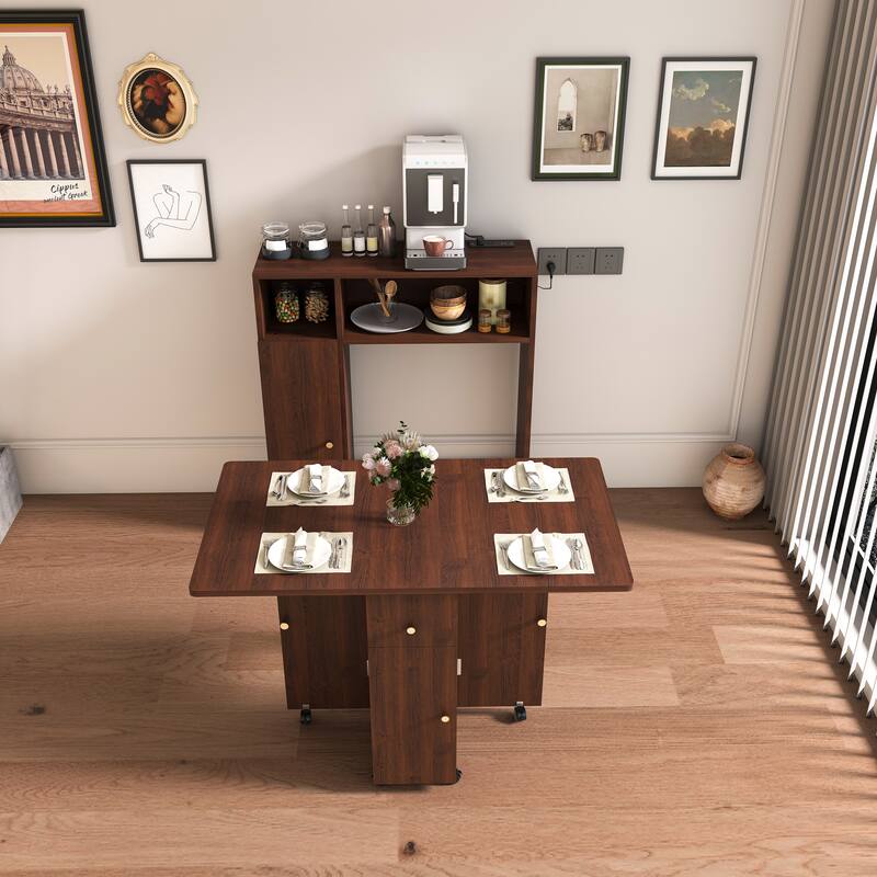 Folding Dining Table and Storage Sideboard with Charging Station， Multifunctional Space-Saving Kitchen Table with Wheels - Walnut
