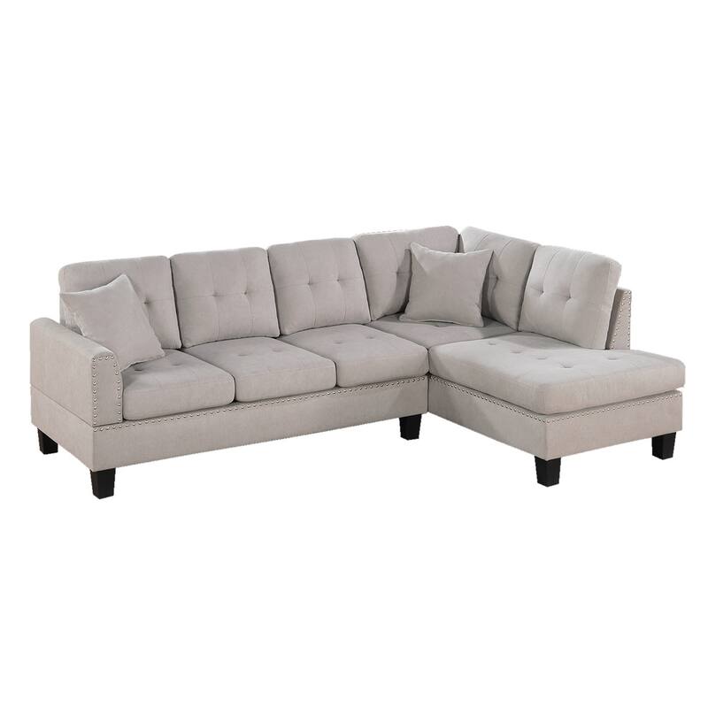 2 Piece Velvet Sectional Sofa Set with 2 Accent Pillows - Mushroom
