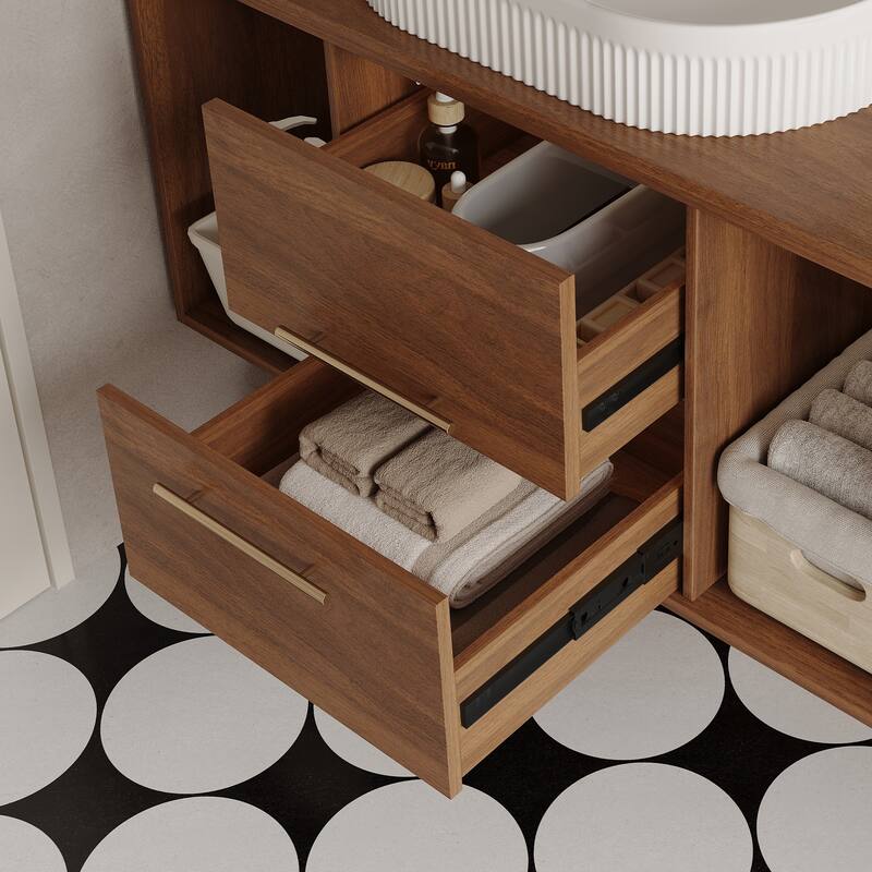 Floating Bathroom Vanity Wall-Mounted Cabinet with Oval Ceramic Sink, Soft-Close Storage Drawers, Open Shelf and Drain Pipe