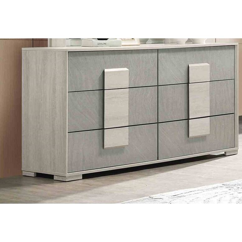 Stone Gray Finish Modern Bedroom Furniture Set LED Bed Dresser Mirror Nightstand