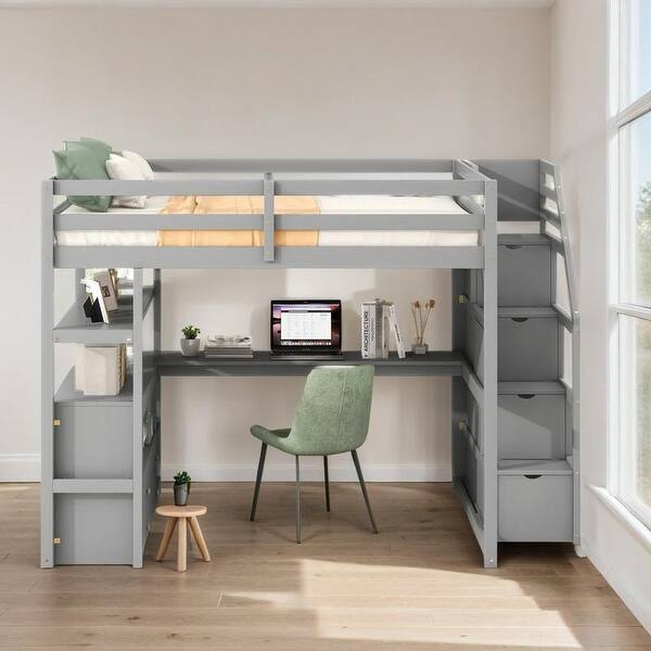 slide 2 of 36, Full Loft Bed with Desk and Shelves, Drawers, Storage Staircase, Gray Grey