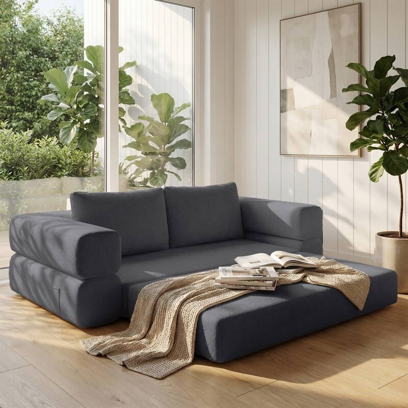 3-in-1 Convertible Chenille Folding Sleeper Sofa Bed, 75" Pull-Out Mattress Couch - 7'6" x 9'6" - Dark Grey