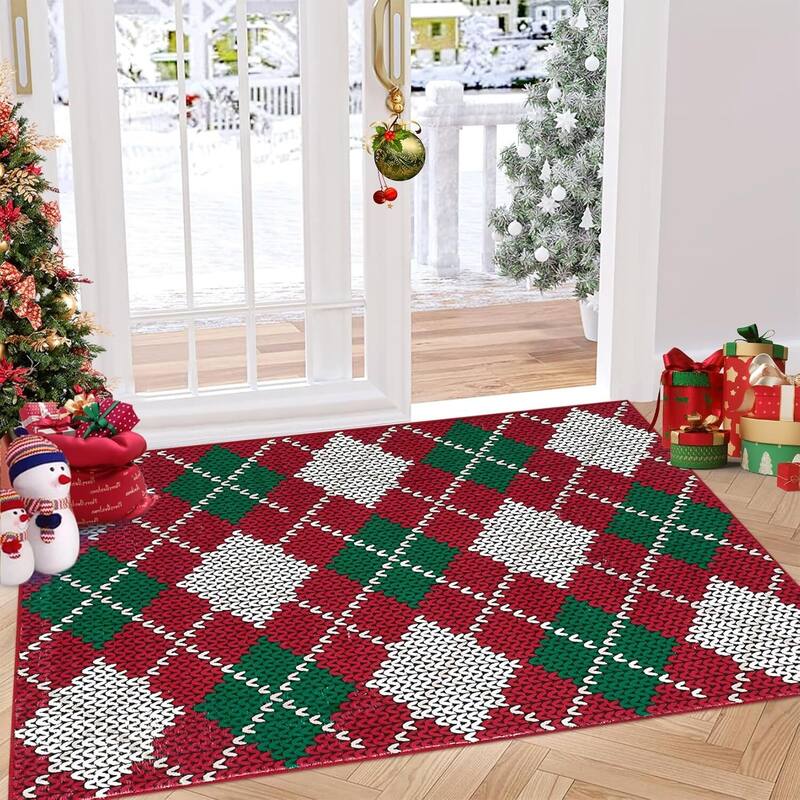 Christmas Holiday Plaid Throw Area Rugs, Non Slip Machine Washable, Green+Red