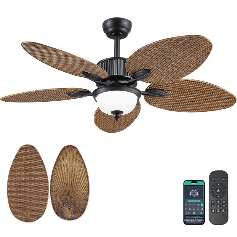 50 Inch Tropical Ceiling Fan with Llight Brown Palm Leaf Blades Glass Light Cover - 50 Inches - Light Brown