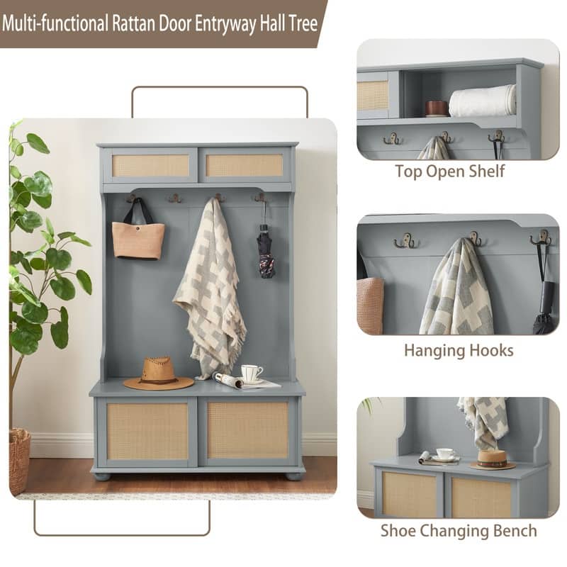 Casual Style Hall Tree Entryway Bench with Rattan Door Shelves and Shoe Cabinets, SOLID WOOD Feet,40.16"W*18.58"D*64.17"H