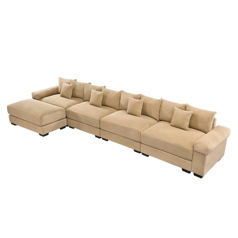 GDFStudio - Corduroy L-Shaped 4-Seater 167.6" Cloud Modular Sectional Couch with Ottoman