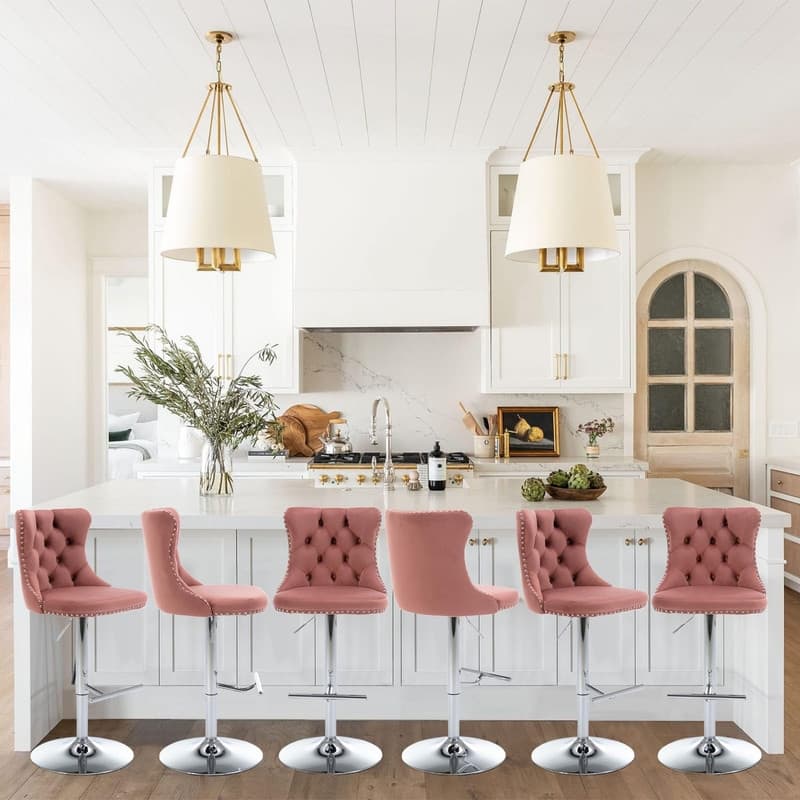 Velvet Upholstered Nailheads Tufted Swivel Bar Stools (Set of 6) - Pink BlackBase