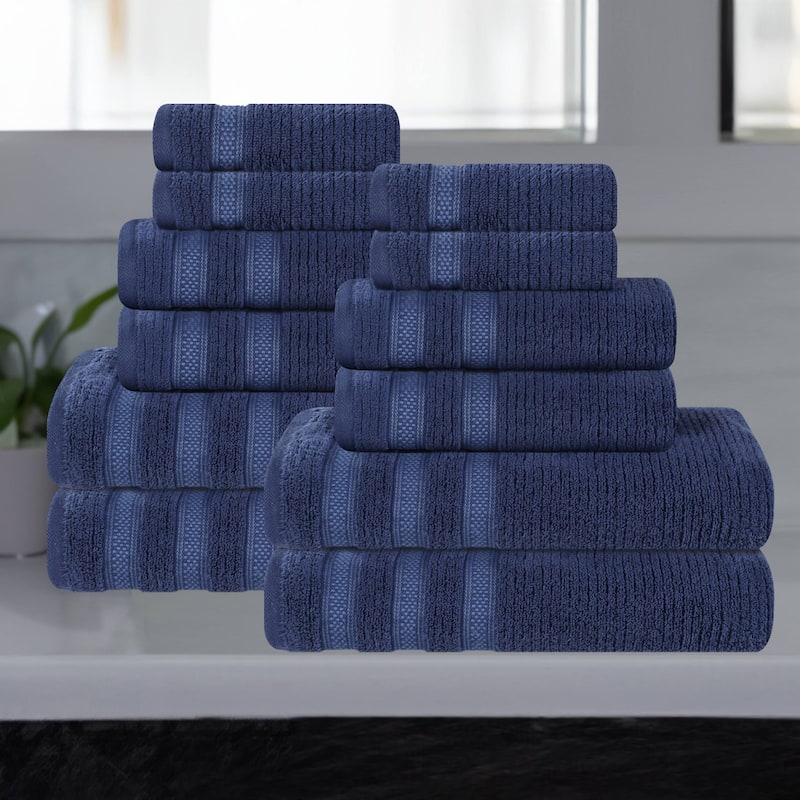 Superior Brea Zero Twist Cotton Ribbed Modern 12 Piece Bathroom Towel Set - Navy Blue