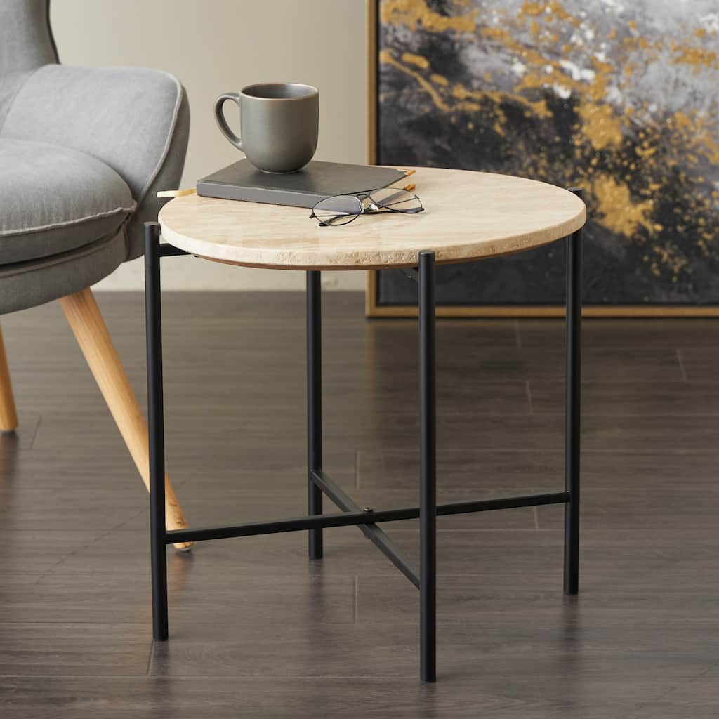Beige Marble Side End Accent Table with Black Metal Support