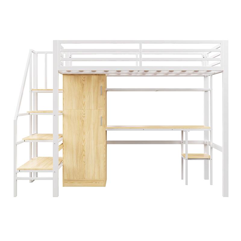 Full-Size Metal Loft Bed with Built-in Wardrobe, L-Shaped Desk, Charging Ports, and Multi-Layer Storage Shelves