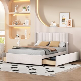 Full Size Velvet Upholstered Bed with Storage Drawers and Pockets - Bed ...
