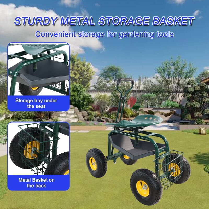 Adjustable Garden Cart with Swivel Seat, Large 10-Inch Wheels, Storage Tray and Basket, Easy Maneuvering - Iron