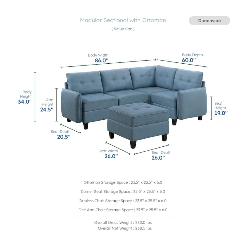 Dorian Textured 5-Piece Sectional Sofa - Storage and Ottoman
