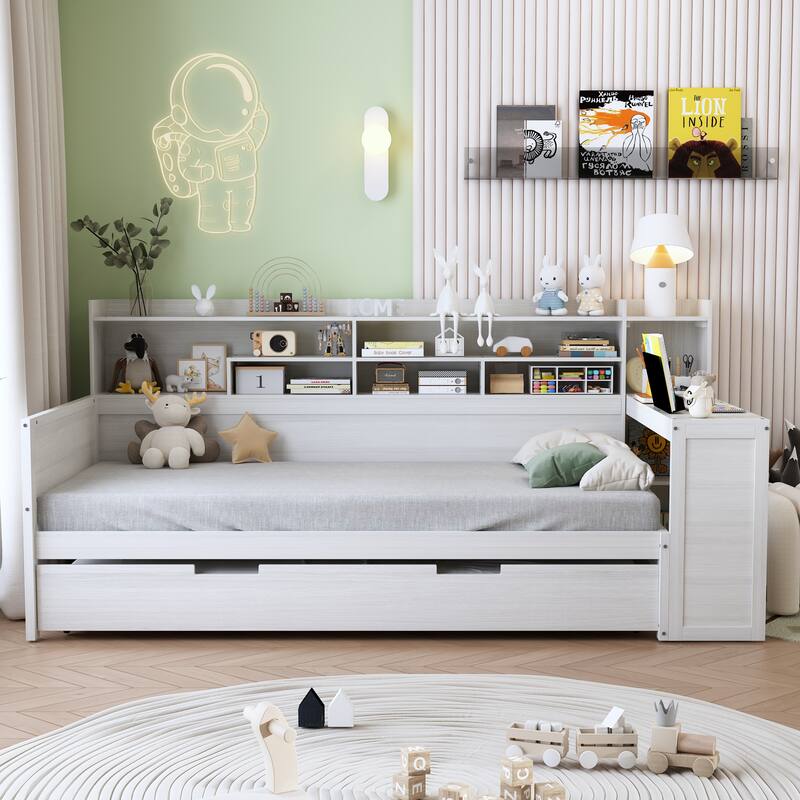 Full Size Daybed with Storage Shelves, Multi-Functional Bed with Twin Trundle and Built-In Study Desk, Space-Saving Design