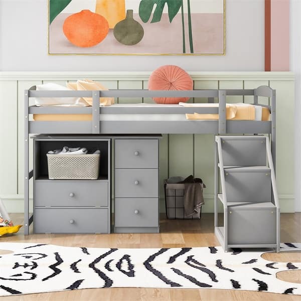 Merax Twin Loft Bed with Movable Builtin Desk and Staircase Bed Bath