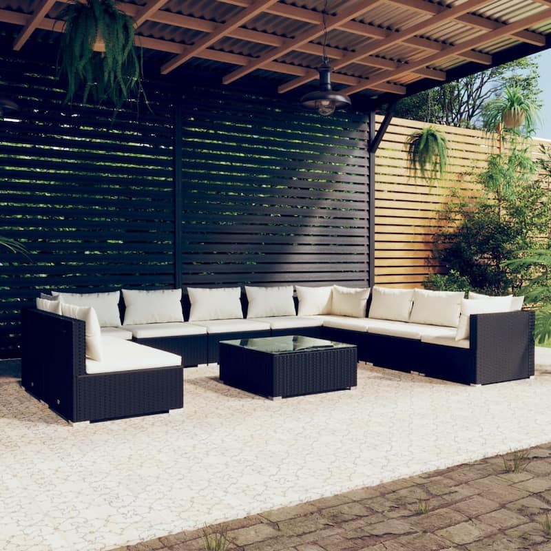 vidaXL Patio Lounge Set Outdoor Sectional Sofa Set Table Garden Poly Rattan - 27.6" x 27.6" x 23.8" - Black 11 Piece