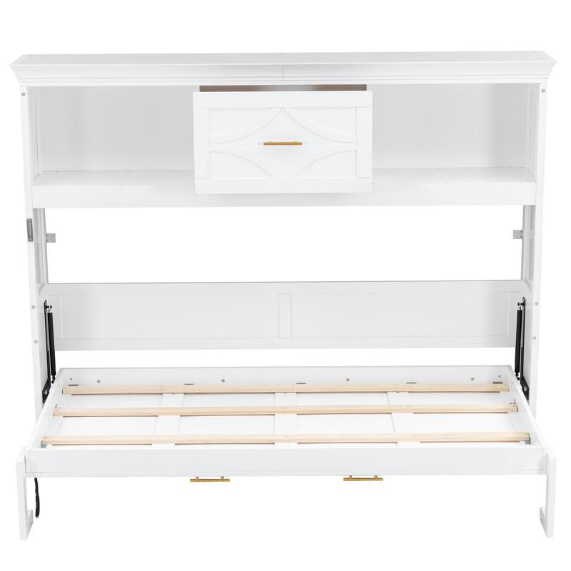 Compact Twin Murphy Bed with Charging Station, Drawer, and Storage Cabinets, White