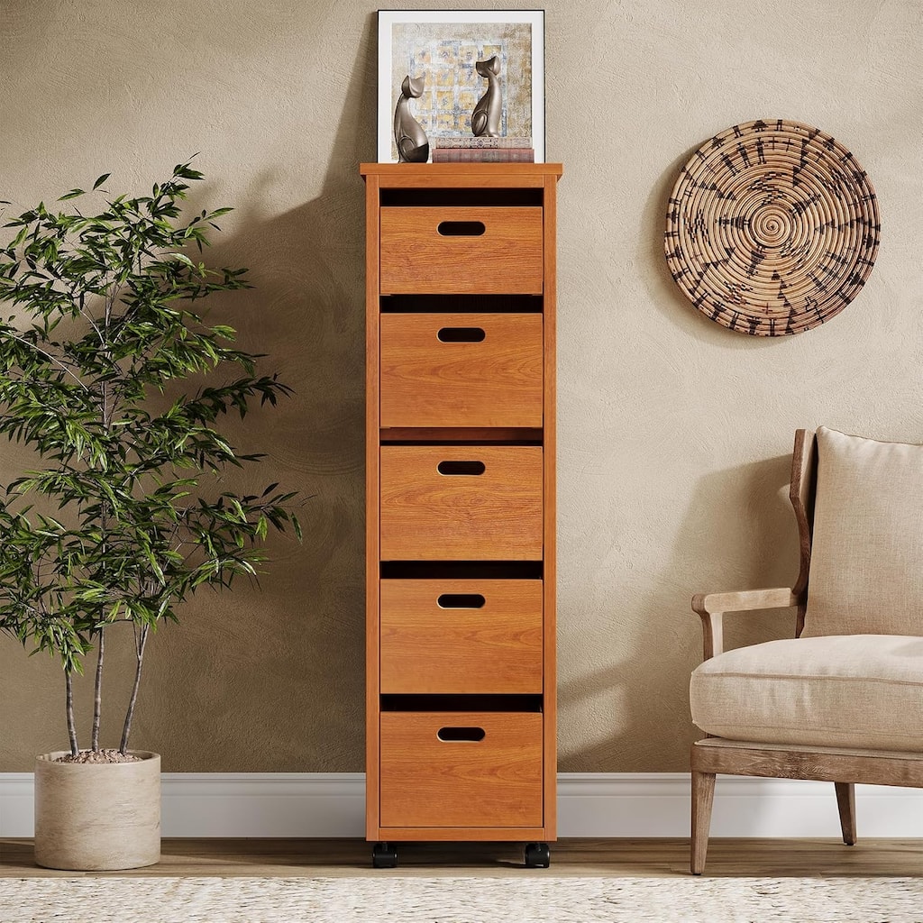 5 Drawers Narrow Wood Storage Drawer Units with Wheels. Tall Narrow Wood Organizer Tower for Bedroom, Living Room, Hallway