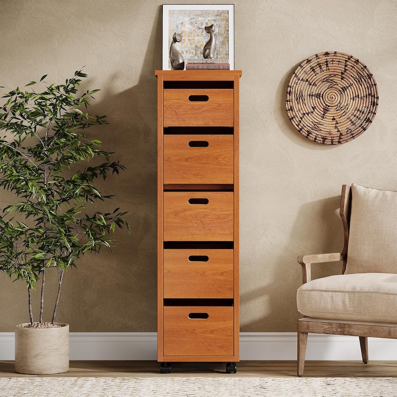 5 Drawers Slim Vertical Storage Drawer Units with Wheels, Tall Narrow Wood Organizer Tower for Bedroom, Living Room, Hallway