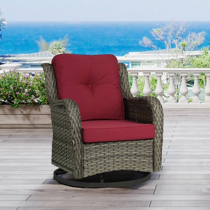 Outdoor Rattan Wicker Swivel Lounge Chair Cushioned Patio Rocker - Red