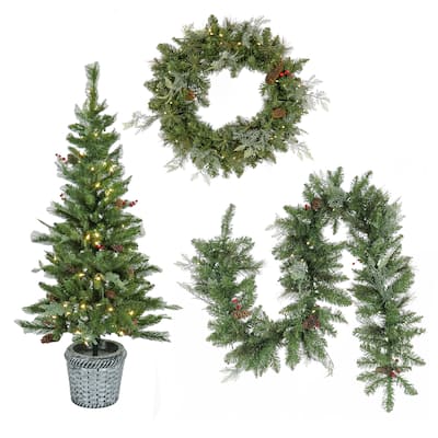 Feel Real® Buzzard Pine Pre-lit Assortment- 5' Entrance Tree in Pot , 24" Wreath & 6' Garland - 5 ft