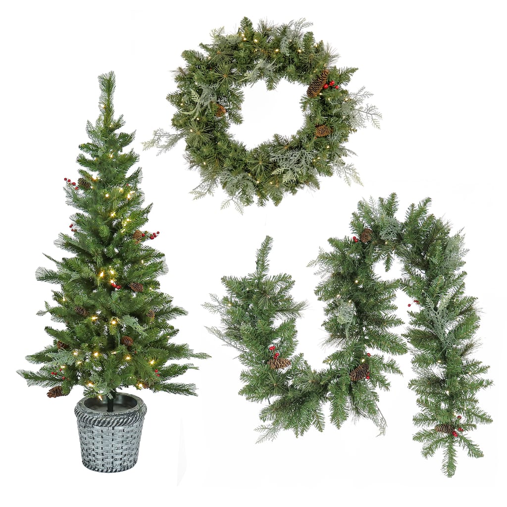 National Tree Company Feel Real Buzzard Pine Pre-lit Assortment- 5 ft. Entrance Tree in Pot , 2 ft. Wreath & 6 ft. Garland