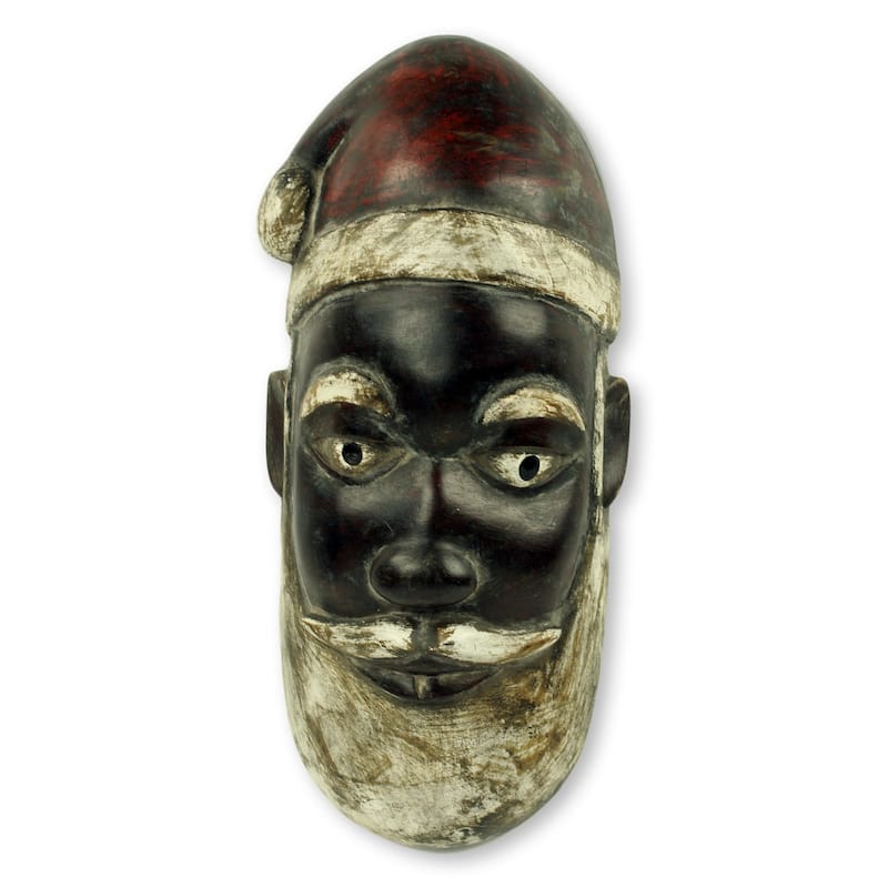 Handmade Unique Ghanaian Santa Claus African Mask (Ghana) - 3.7 In. X 7.5 In. X 16.25 In - 3.7 In. X 7.5 In. X 16.25 In - White