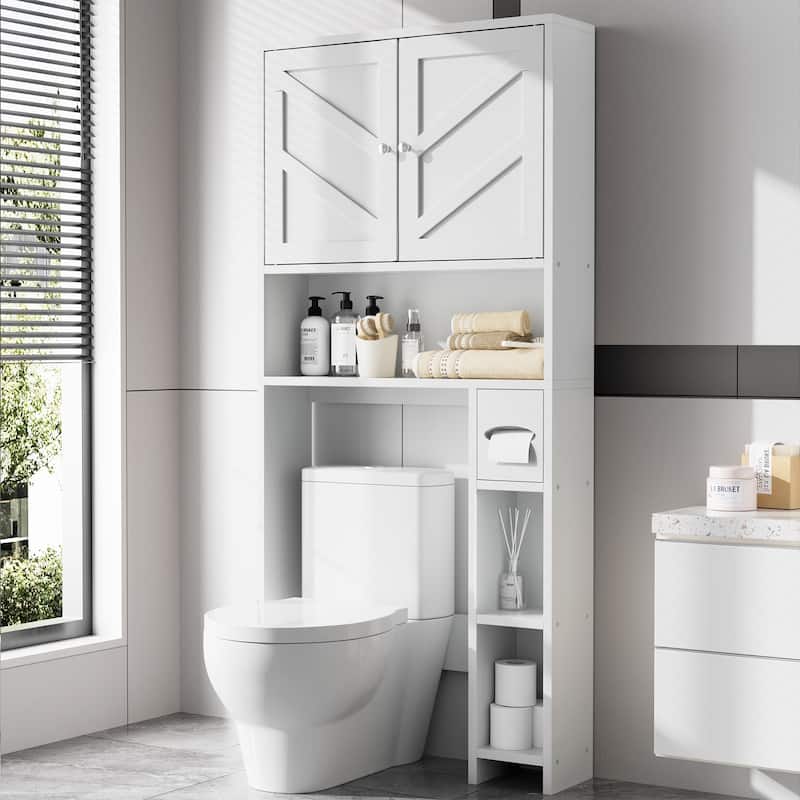 Over-The-Toilet Storage Cabinet with Side Shelves – Adjustable Bathroom Organizer - White