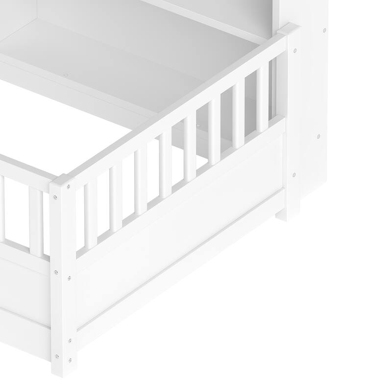Wooden Floor Bed Frame with Fence Guardrail & Side Storage, Low Profile Kids Bed (Full/Twin)