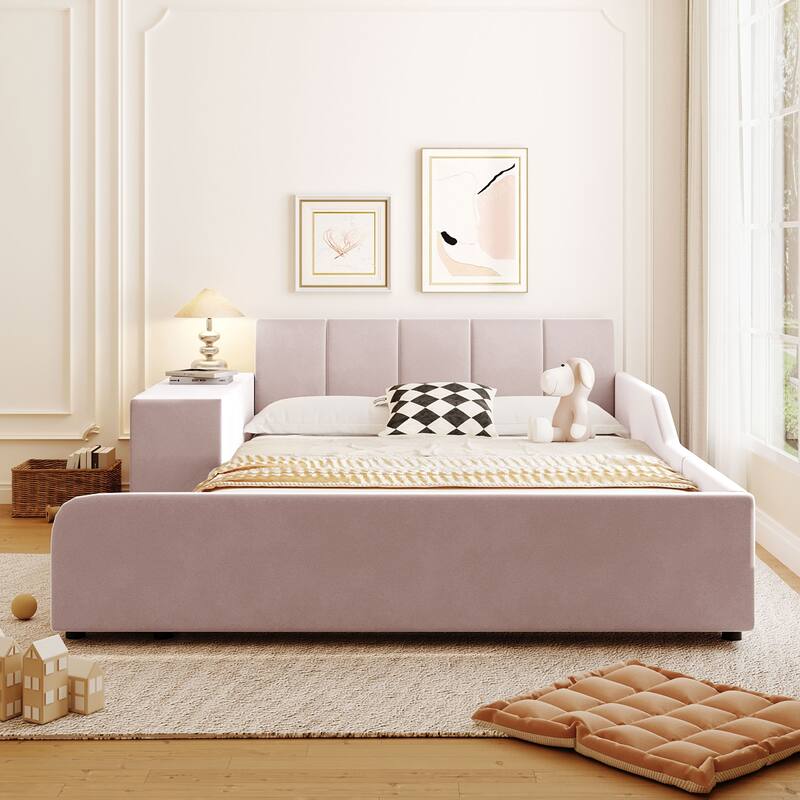 Queen/Full Mother & Child Bed with Bedside Desk, Velvet Upholstery & Round Stool