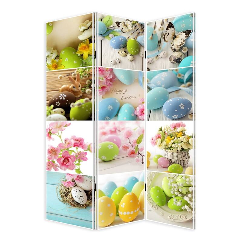 72 Inch 3 Panel Canvas Room Divider with Easter Print,Multicolor