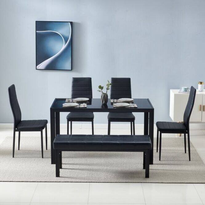 4pcs Elegant Black Assembled Stripping Texture High Backrest Dining Chairs