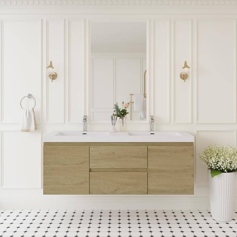 ABRUZZO 60" Floating Bathroom Double Vanity with Integrated Resin Top 2 Basins 2 Cabinets 2 Soft Close Drawers Full Assembly - Natural Oak