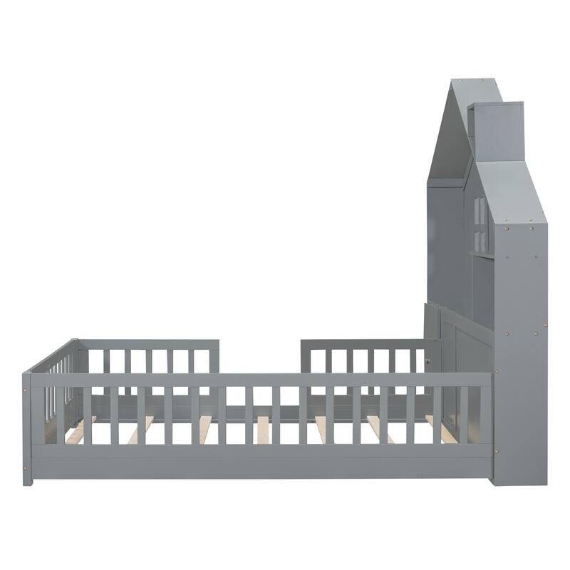 House Platform Bed with Window and Bedside Drawers, Shelves and A Set of Sockets and Usb Port