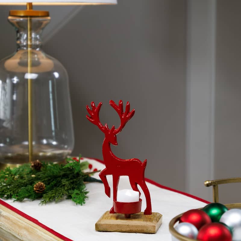 Reindeer Metal Christmas Tealight Holder - 8" - Red